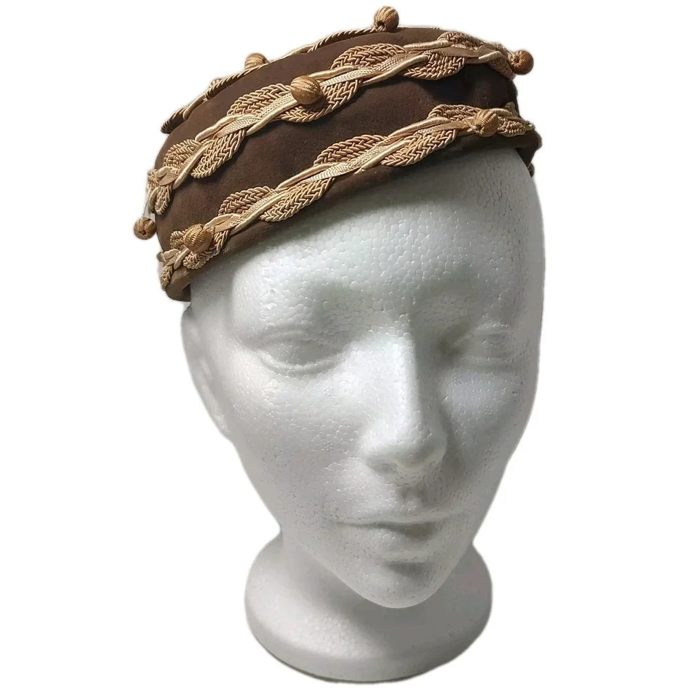 Vintage Amy New York Hat Brown Velvet Pill Box with Intricate‎ Ribbon Marshall